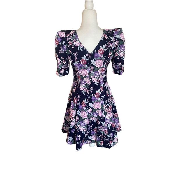 VTG 80s puffy flared navy floral mini dress - Picture 1 of 8